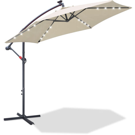 EINFEBEN Parasol Deporté Lumineux Ø300CM - 24 LED & Base en Croix - Hauteur et Angle Réglables - Système de Manivelle, Beige (1/5)