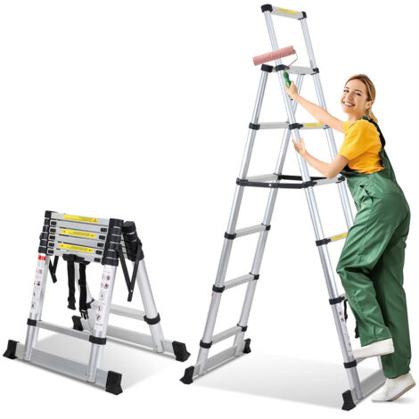 SWANEW Echelle Télescopique 1.7m+2.0m jusqu'à 150 kg Escabeau stable en aluminium Avec fléau de balance charge max. 150 kg (1/5)