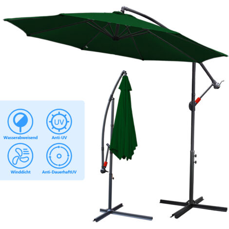 Parasol 350 cm Vert - avec manivelle & support - protection UV hydrofuge pliable - Parasol de plage marché (1/5)