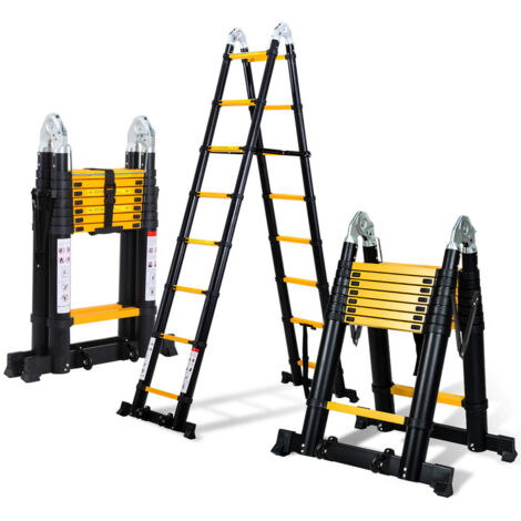VINGO Échelle télescopique Aluminium 2,5m+2,5m noir+jaune sans crochets Avec stabilisateur Avec roues charge max. 150 kg (1/5)
