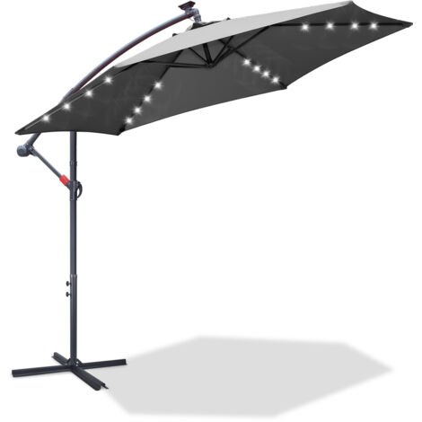 EINFEBEN Parasol Deporté Lumineux Ø300CM - 24 LED & Base en Croix - Hauteur et Angle Réglables - Système de Manivelle, Gris (1/5)