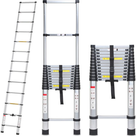 EINFEBEN Echelle télescopique 5m 13nombre de marches Alu argent Echelle multi-usages jusqu'à 150kg (1/5)