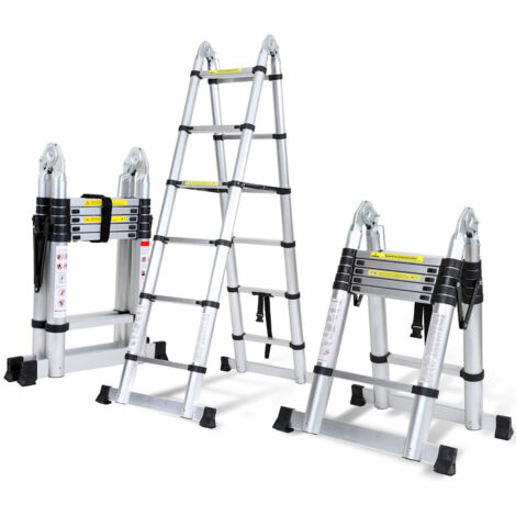 SWANEW Échelle télescopique Aluminium 1,9m+1,9m Argent sans crochet Avec stabilisateur Avec roues charge max. 150 kg (1/5)