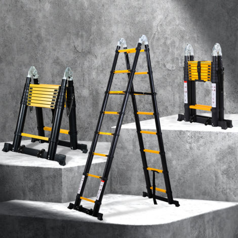 EINFEBEN Échelle télescopique Échelle pliante Aluminium Escabeau sans crochets Avec stabilisateur Avec roues 2,5m+2,5m noir+jaune (1/4)