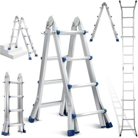 EINFEBEN Echelle multifonctionnelle Echelle polyvalente Alu échelle télescopique argent jusqu'à 150kg-4x4 402cm (1/5)