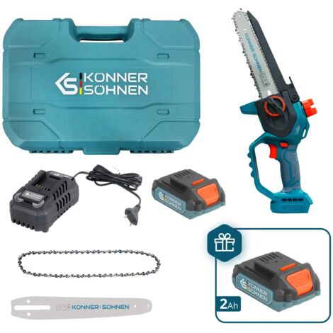 Könner & Söhnen KS MCS20V-8 CASE PLUS Mini-Kettensäge: 20cm Schwert, Bürstenloser Motor, 2× 2Ah Akkus, 2 Ketten, 2 Schwerter & Koffer