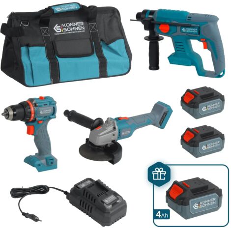Könner & Söhnen KS RHAGD 20V SET 3 PLUS 3-in-1 Profi-Set: Bohrschrauber, Winkelschleifer & SDS+ Bohrhammer + 3× 4Ah Akkus & 4,5A Ladegerät (1/5)