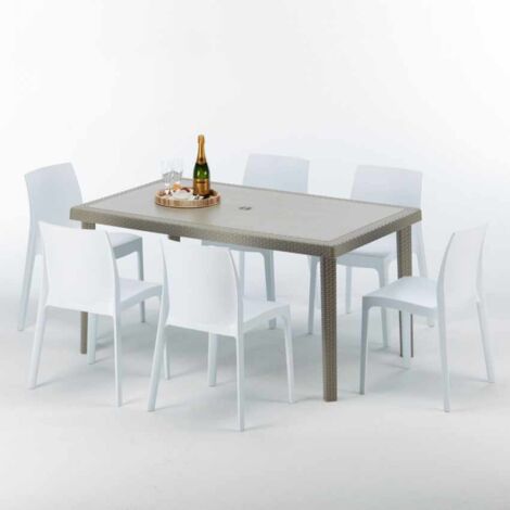 Polyrattan Tisch Rechteckig mit 6 Bunten Stühlen 150x90 Beige Marion