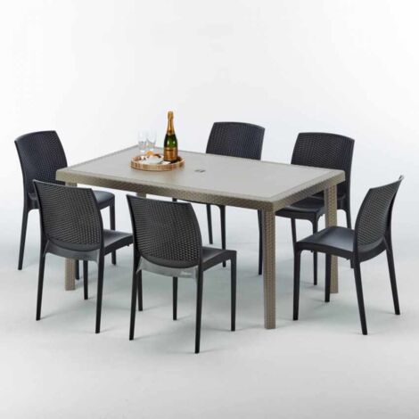 Polyrattan Tisch Rechteckig mit 6 Bunten Stühlen 150x90 Beige Marion