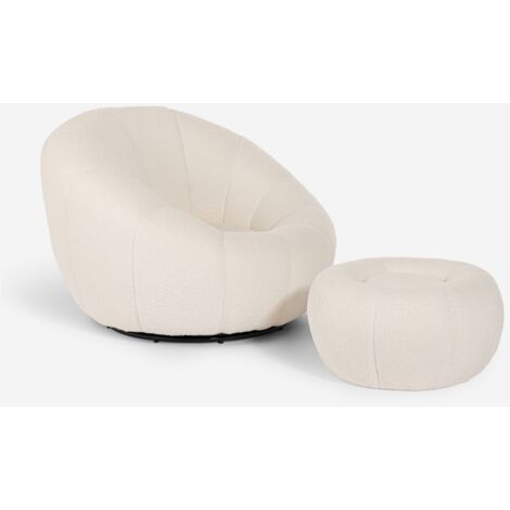 Sessel-Set aus weißem Designer-Bouclé mit Fußhocker drehbar Kuma