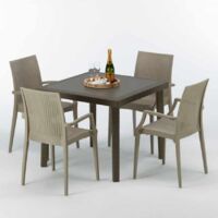 Poly Rattan Tisch Quadratisch mit 4 Bunten Stühlen 90x90 Braun Brown Passion