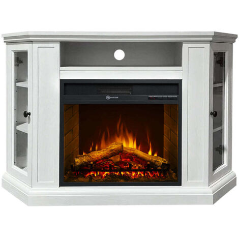 Camino eléctrico de suelo para chimenea MADISON en madera blanca L126 x P78 x H80,5