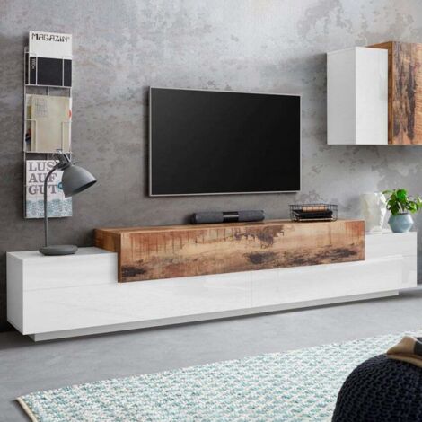 Mueble de TV diseño 240 cm 4 compartimentos 3 puertas blanco y madera Corona Low Maple