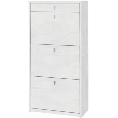 Zapatero compacto que ahorra espacio con tres puertas y un cajón en Ossido White 63x29x h127 cm