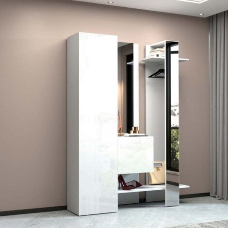 Conjunto armario zapatero entrada mueble espejo puerta blanco brillante Chica