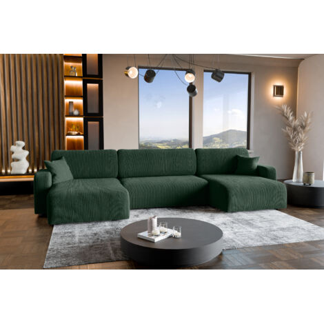 Canapé d'Angle réversible convertible avec fonction de couchage Piano U coffre universel en velours côtelé vert bouteille du fabricant - VINOTTI