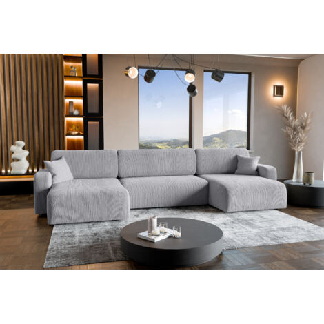 Canapé d'Angle réversible convertible avec fonction de couchage Piano U coffre universel en velours côtelé gris clair du fabricant - VINOTTI