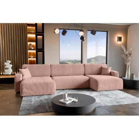Canapé d'Angle réversible convertible avec fonction de couchage Piano U coffre universel en velours côtelé Rose poudré du fabricant - VINOTTI