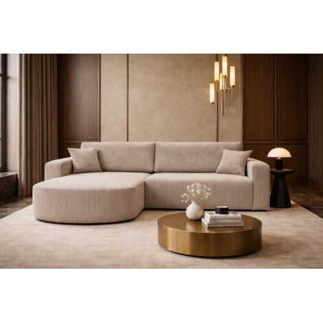 Canapé d’angle XL réversible et convertible BOSS – Velours côtelé beige avec coffre de rangement