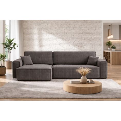 Canapé d’angle convertible réversible CARLOS XL – Velours côtelé gris, grand coffre, fonction couchage, montage universel