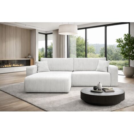 Canapé d'Angle réversible convertible avec fonction de couchage coffre universel en velours côtelé blanc Flora L