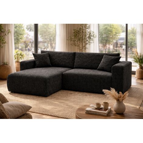 Canapé d'Angle réversible convertible avec fonction de couchage coffre universel en velours côtelé noir Flora L