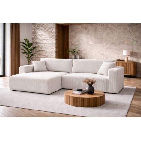 Canapé d’angle réversible GIORGIA L convertible – Velours côtelé blanc, fonction couchage, grand coffre de rangement, angle universel gauche/droite