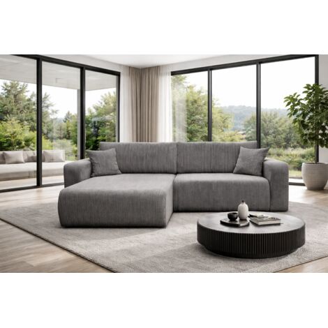 Canapé d'Angle réversible convertible avec fonction de couchage coffre universel en velours côtelé gris Flora L