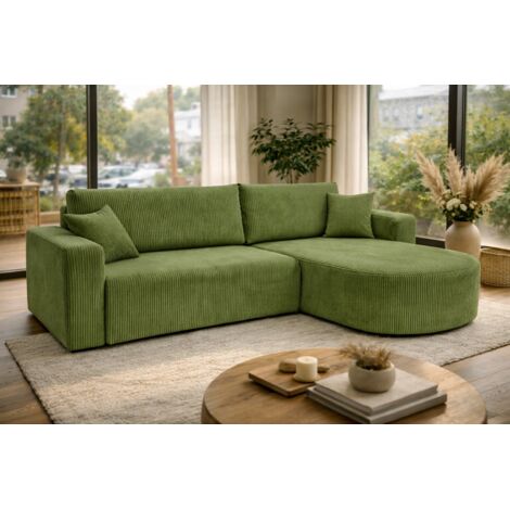 Canapé d'Angle réversible convertible avec fonction de couchage coffre universel en velours côtelé vert Kimo XL