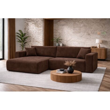 Canapé d’angle réversible GIORGIA L convertible – Velours côtelé brun chocolat, fonction couchage, grand coffre de rangement, angle universel gauche/droite
