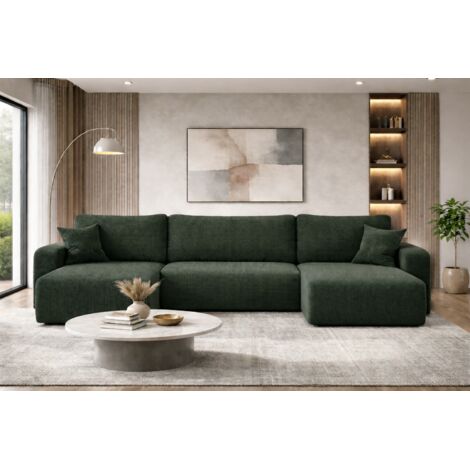 Canapé d’angle réversible PIANIOO U convertible – Velours côtelé vert bouteille, grand coffre de rangement, fonction couchage, angle universel gauche/droite