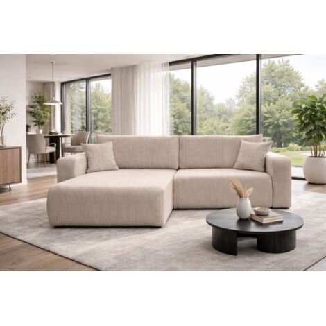 Canapé d'Angle réversible convertible avec fonction de couchage coffre universel en velours côtelé beige Flora L