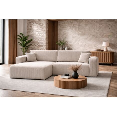Canapé d’angle réversible GIORGIA L convertible – Velours côtelé beige, fonction couchage, grand coffre de rangement, angle universel gauche/droite