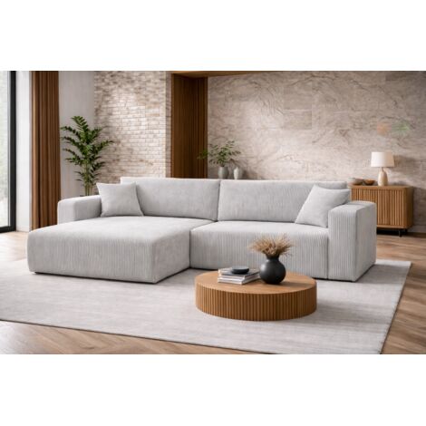 Canapé d’angle réversible GIORGIA L convertible – Velours côtelé gris clair, fonction couchage, grand coffre de rangement, angle universel gauche/droite