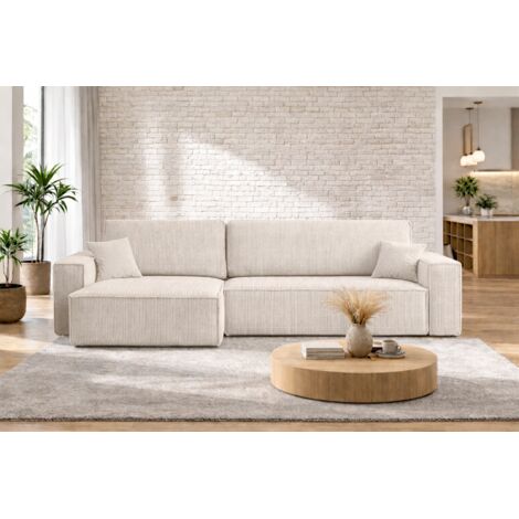 Canapé d’angle convertible réversible CARLOS XL – Velours côtelé blanc, grand coffre, fonction couchage, montage universel