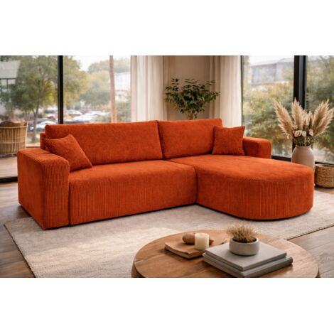 Canapé d'Angle réversible convertible avec fonction de couchage coffre universel en velours côtelé cuivre Kimo XL