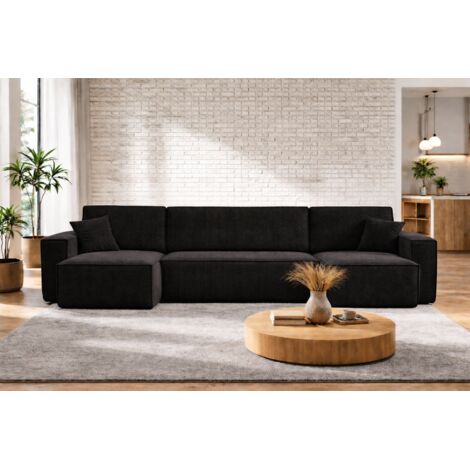 Canapé d’angle en U CARLOS U convertible – Noir, grand format, fonction couchage, coffre de rangement XXL, angle universel gauche/droite, confort familial