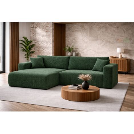 Canapé d’angle réversible GIORGIA L convertible – Velours côtelé vert bouteille, fonction couchage, grand coffre de rangement, angle universel gauche/droite