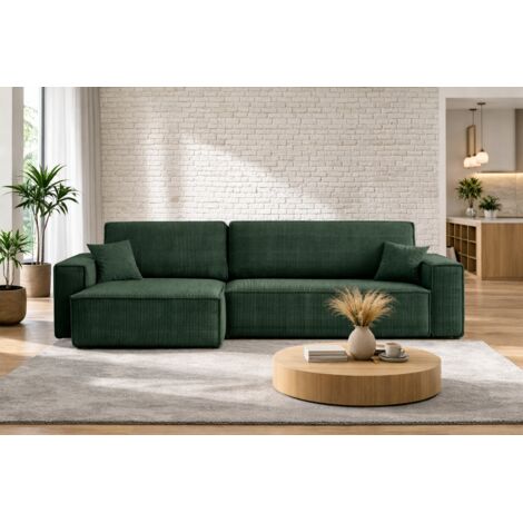 Canapé d’angle convertible réversible CARLOS XL – Velours côtelé vert bouteille, grand coffre, fonction couchage, montage universel