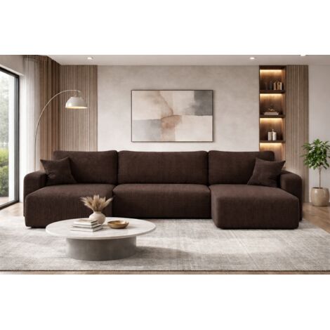 Canapé d’angle réversible PIANIOO U convertible – Velours côtelé brun chocolat, grand coffre de rangement, fonction couchage, angle universel gauche/droite