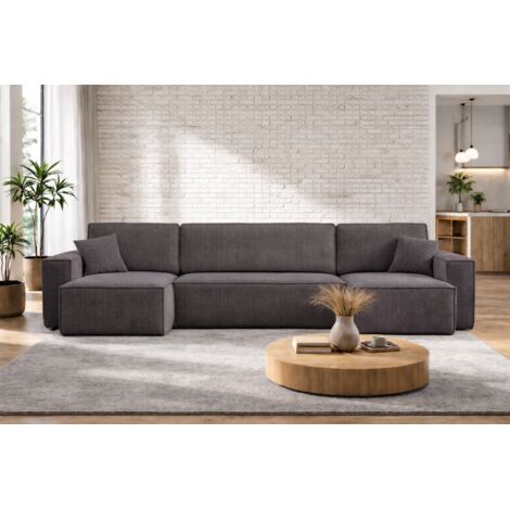 Canapé d’angle en U CARLOS U convertible – Gris, grand format, fonction couchage, coffre de rangement XXL, angle universel gauche/droite, confort familial
