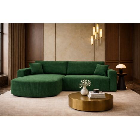 Canapé d’angle XL réversible et convertible BOSS – Velours côtelé vert bouteille avec coffre de rangement