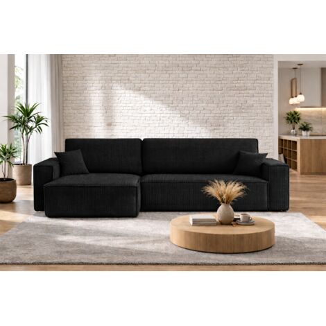 Canapé d’angle convertible réversible CARLOS XL – Velours côtelé noir, grand coffre, fonction couchage, montage universel