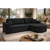 Canapé d'Angle réversible convertible avec fonction de couchage coffre universel en velours côtelé noir Kimo XL