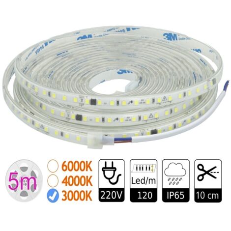 Tira Led 220V 3000K sin necesidad de rectificador. Corte 10 cm 8W/m 3000K bobina 5m IP65