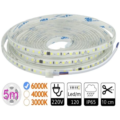 Tira Led 220V 6000K sin necesidad de rectificador. Corte 10 cm 8W/m 6000K bobina 5m IP65