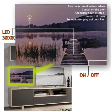 Jandei - Cuadro con 7 Led Anochecer en embarcadero 60 x 40, 2 pilas AA Cuadros LED