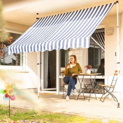Bc-elec - HHYVA3012-Bluewhite Auvent rétractable manuel store banne marquise pour patio & terrasse 300x120cm blanc et bleu