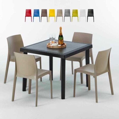 Table Carrée Noire 90x90cm Avec 4 Chaises Colorées Grand Soleil Set Extérieur Bar Café Rome Passion - Beige