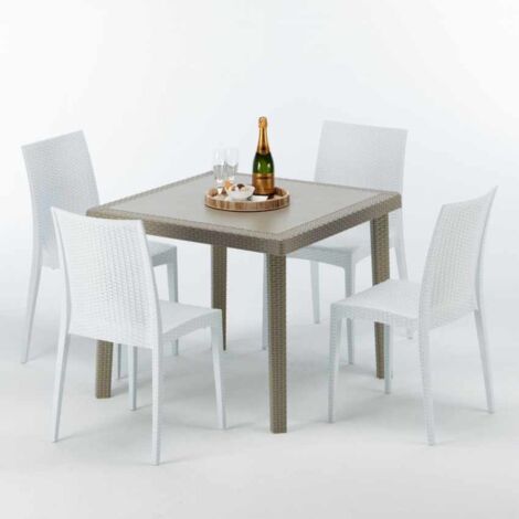 Table carrée beige + 4 chaises colorées Poly rotin synthétique Elegance